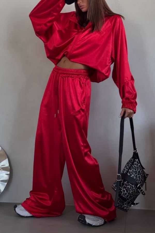 Shiny Satin Cropped Zip Jacket Wide Leg Track Pants Two Piece Y2K Casual Co-Ord Set
