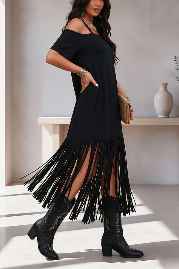 Edgy Cold Shoulder Tassel Detail Maxi Dress