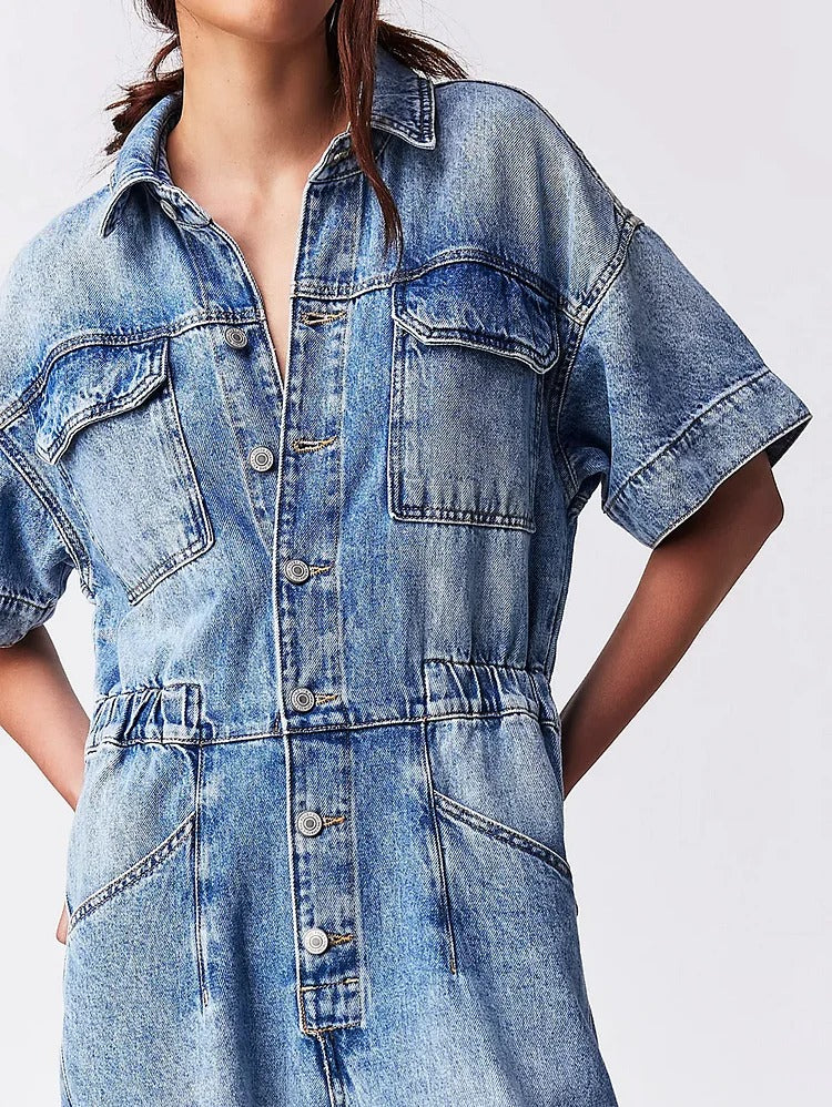Casual Light Washed Lapel Collar Short Sleeve Denim Jumpsuit