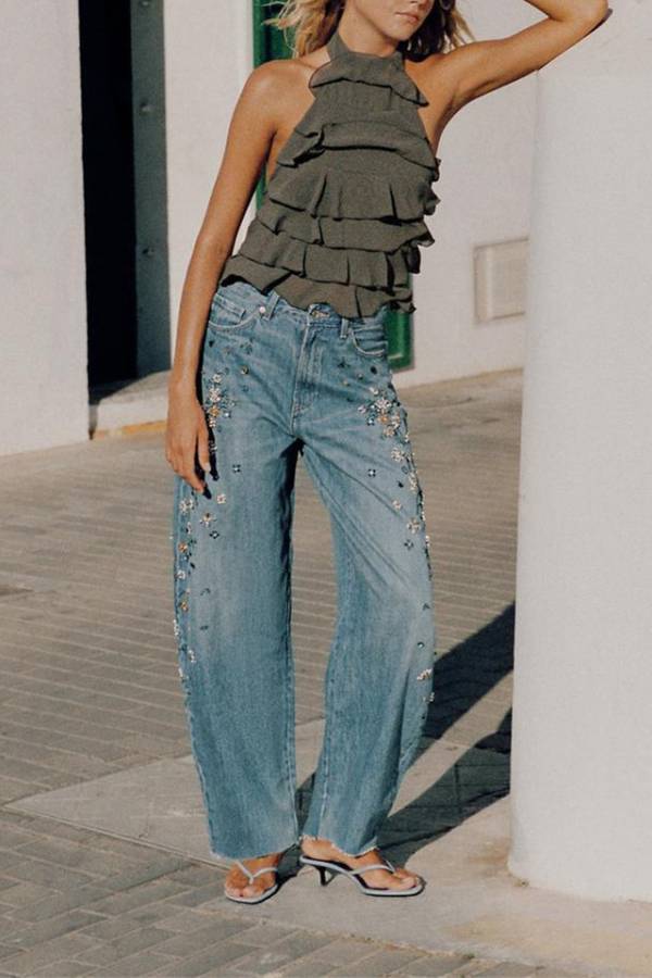 TRF HIGH RISE EMBROIDERED BARREL JEANS