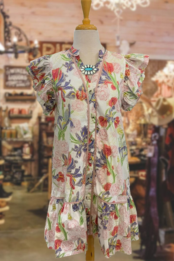Floral Ruffle Sleeve Button Down Dress