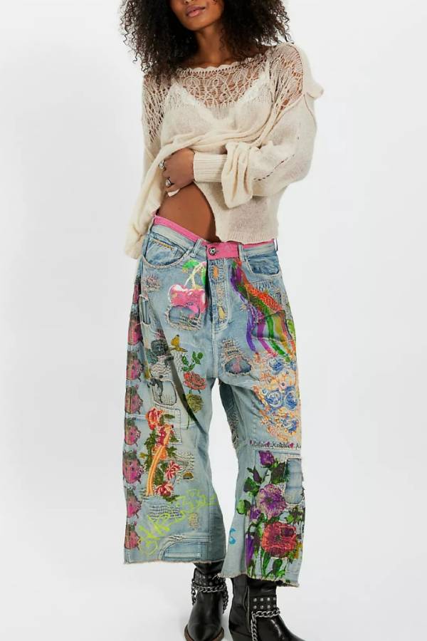 Boho Floral Bird Patch Distressed Wide Leg Washed Jeans High Waist Raw Hem Hippie Casual Trousers