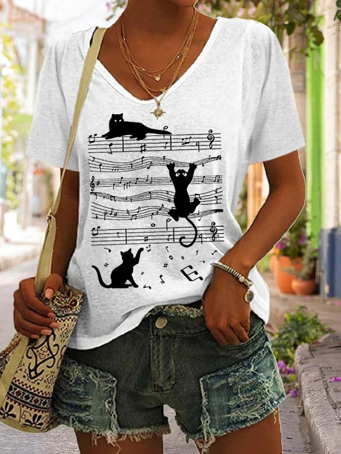 T-shirt col V décontracté à imprimé chat au piano pour femme