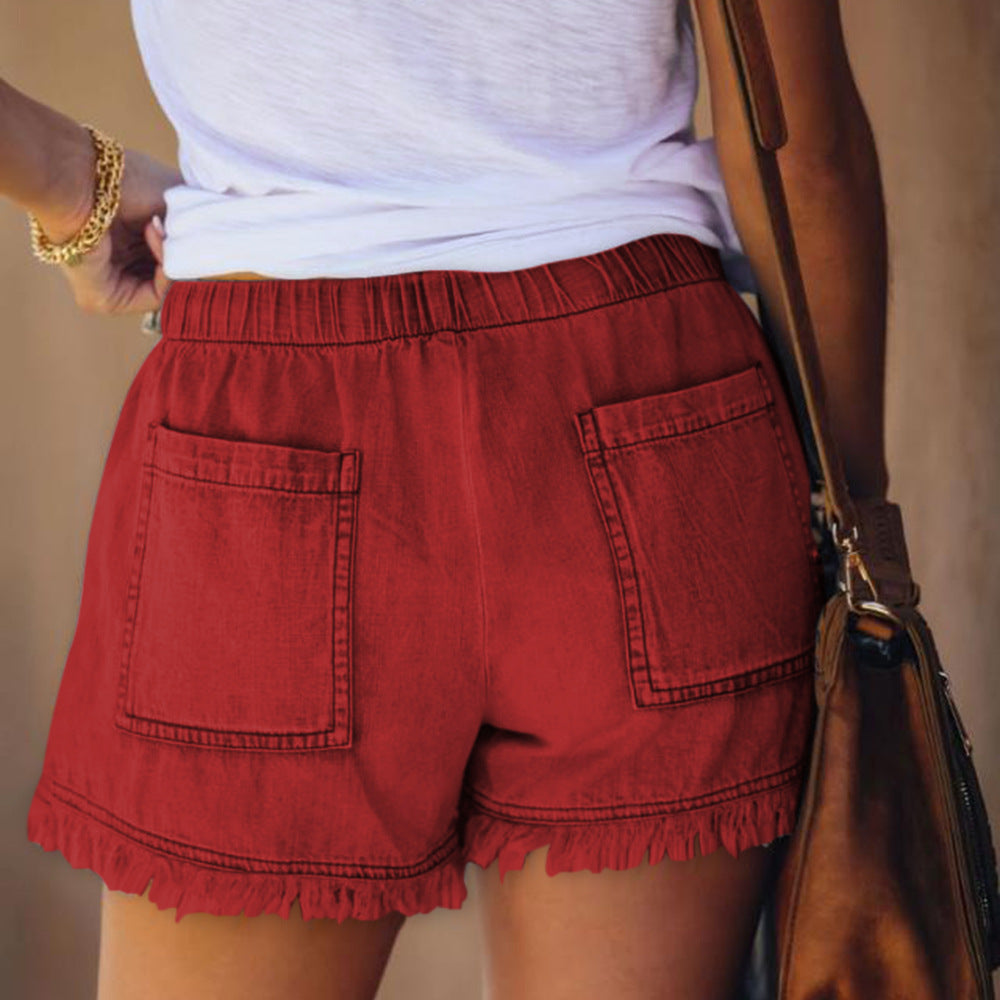 Lässige, dünne Jeansshorts für Damen mit elastischem Kordelzug und hoher Taille
