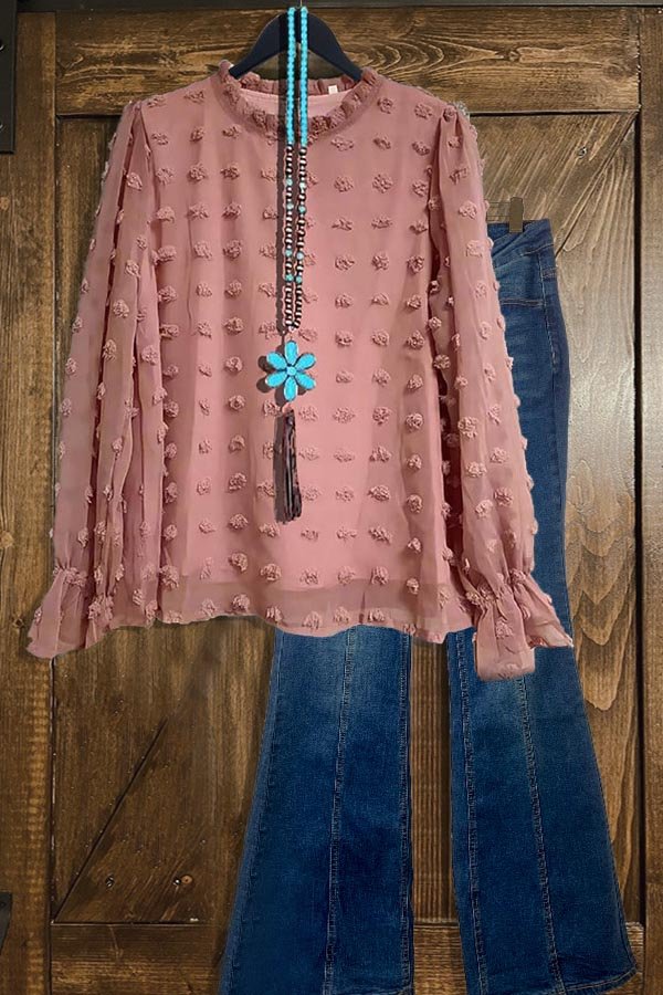 Langärmliges Oberteil aus Bubble-Chiffon mit Rüschenkragen