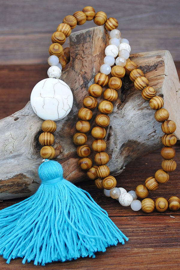 Chaîne de pull à pompons en perles de bois faites à la main - Ronde bleue