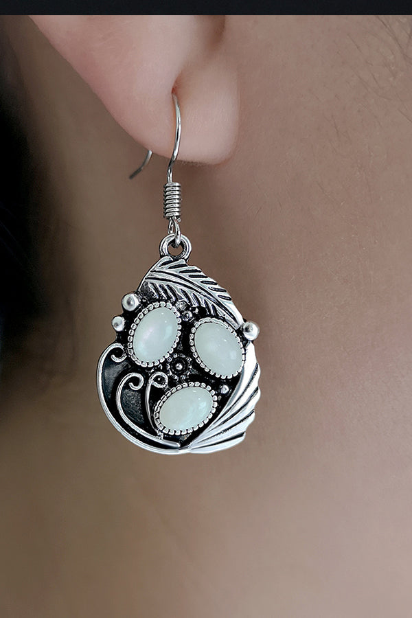 Creative Leaf Feather and Shell Moonstone Drop Earrings