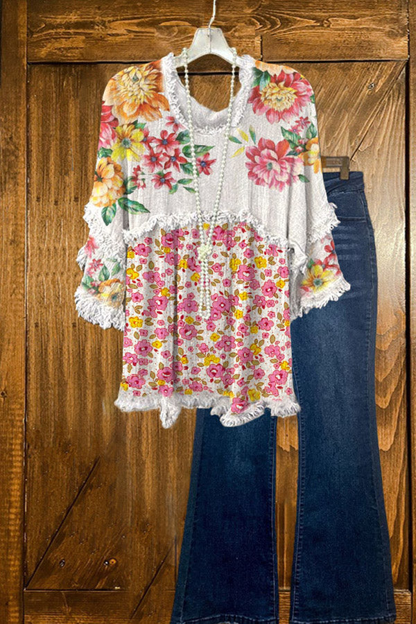 T-shirt à manches trois-quarts effiloché à empiècements tendance