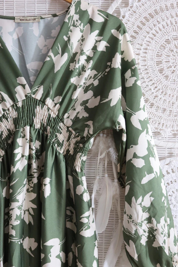 Robe longue à fleurs kaki à manches longues