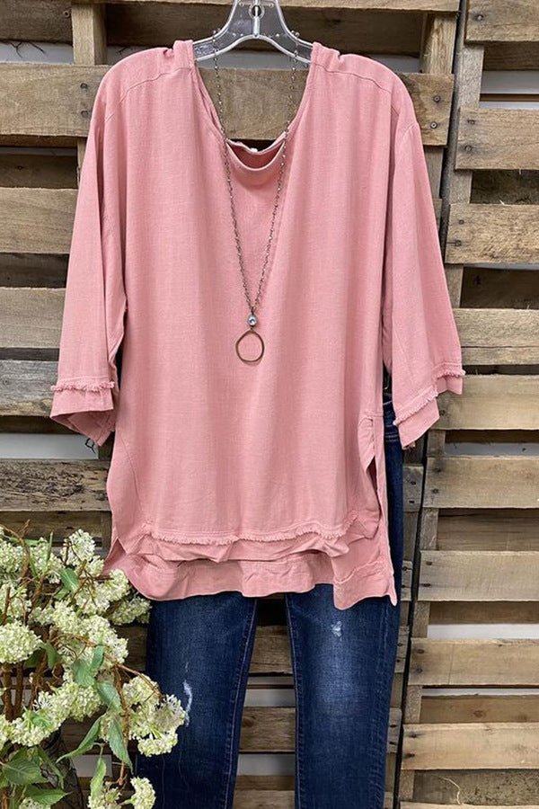 Cotton Linen Pullover with Sense of Design and Rough Edge Washing