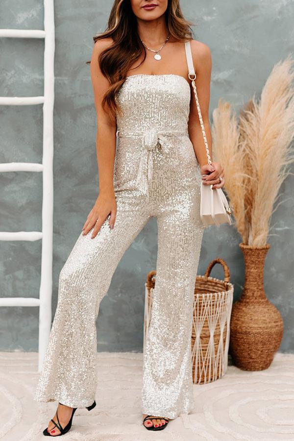 Off-Shoulder-Pailletten-Jumpsuit mit Gürtel