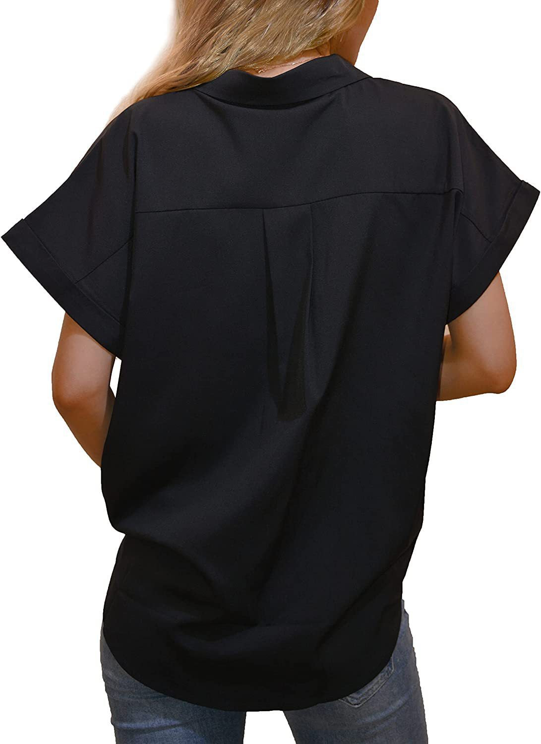 T-shirt à manches courtes et col en V pour femme, chemisier boutonné