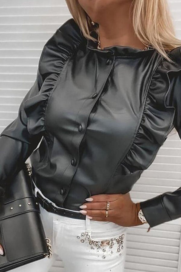 Haut à manches longues à volants et motif pied-de-poule