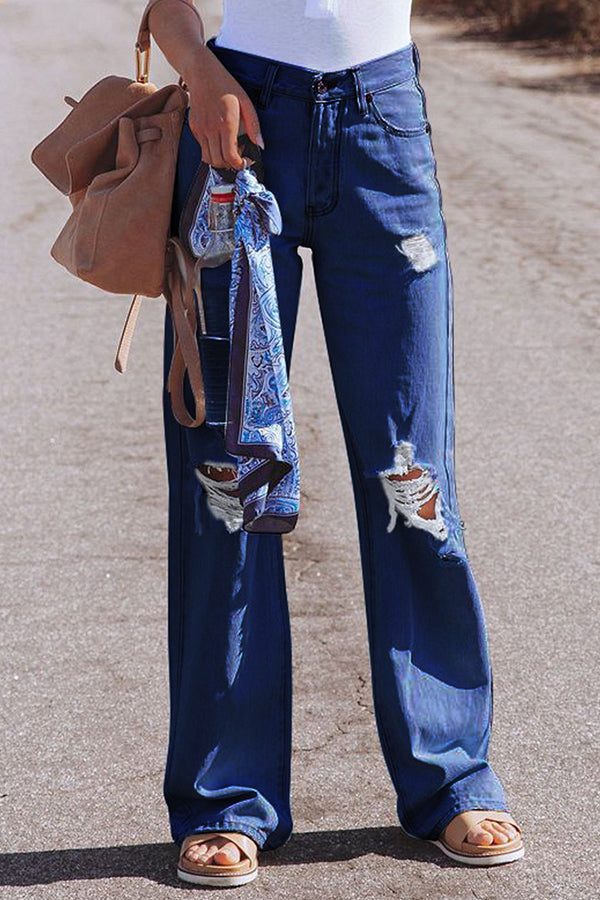 High Waist Denim Hose mit Löchern Washed
