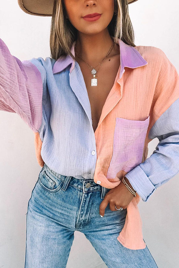 Chemise à manches longues et épaules tombantes à empiècements contrastés