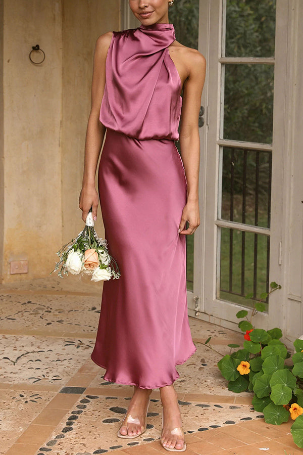Perfectly Yours High Neck Elastic Waist Satin Drape Maxi Dress