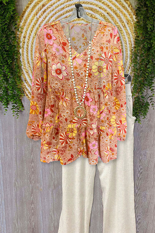 Haut à volants et col en V à imprimé floral vintage