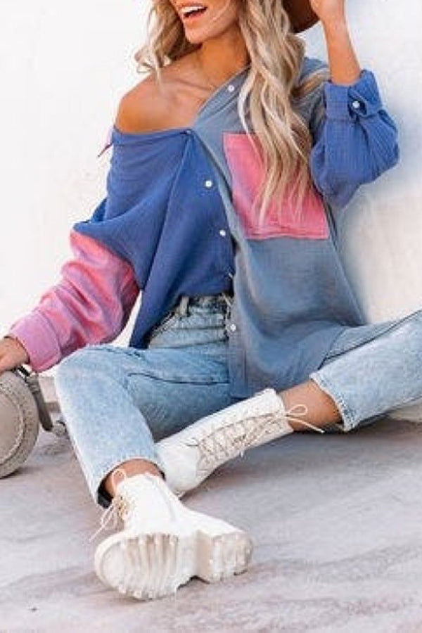 Chemise à manches longues et épaules tombantes à empiècements contrastés