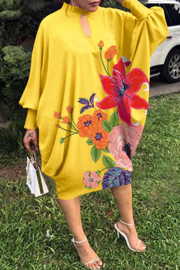 Robe à imprimé tendance, col roulé, manches longues, grande taille