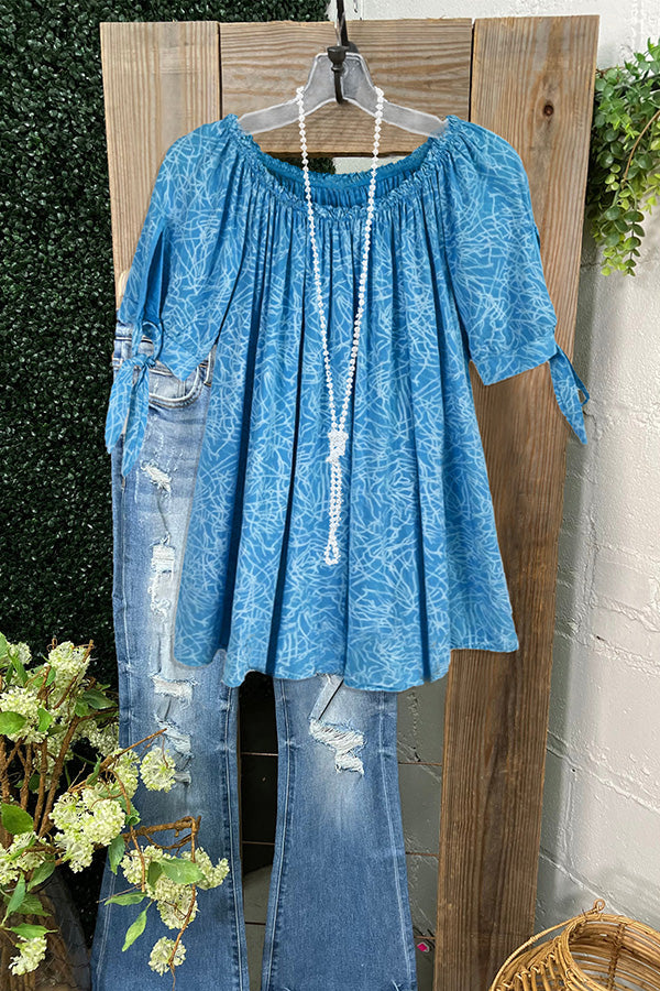 Loose Printed Pleated Knotted T-shirt