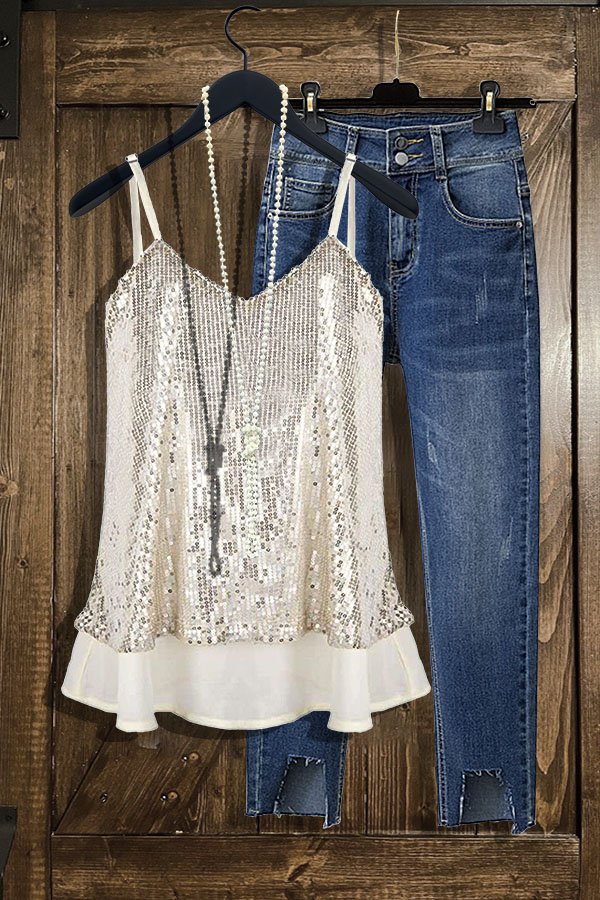 Sequin V-neck Loose Camisole Top