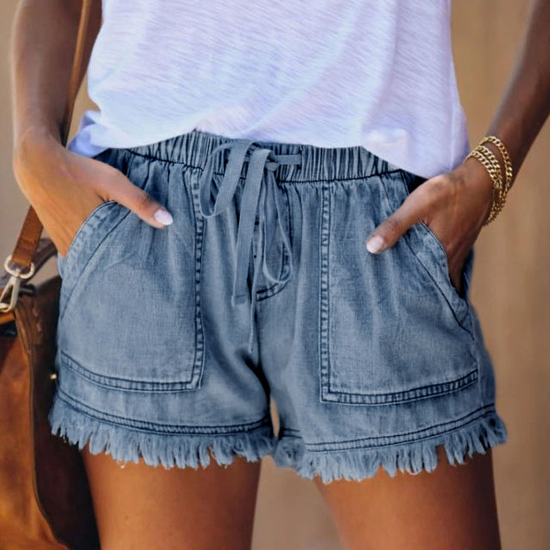 Lässige, dünne Jeansshorts für Damen mit elastischem Kordelzug und hoher Taille