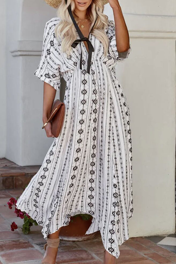 Neu Damen Kleid Bohemian V-ausschnitt Kurzarm Langen Rock