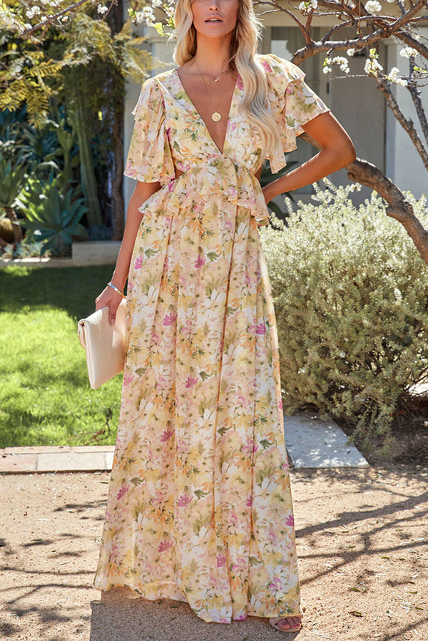 Dunes And Blooms Floral Ruffle Cutout Maxi Dress