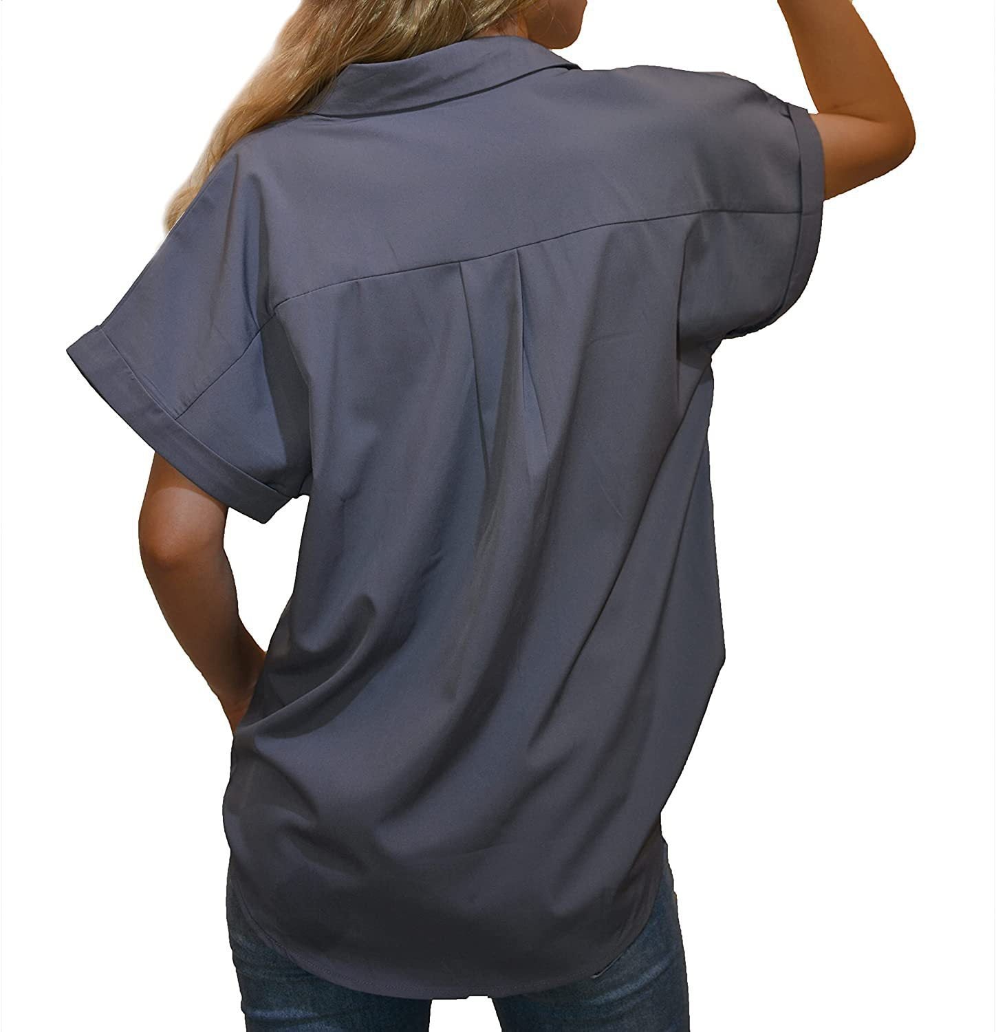 T-shirt à manches courtes et col en V pour femme, chemisier boutonné