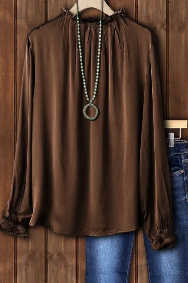 Solid Satin Ruffle Mock Neck Top