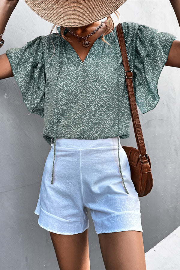 T-shirt décontracté à lacets et col en V pour femme, imprimé léopard