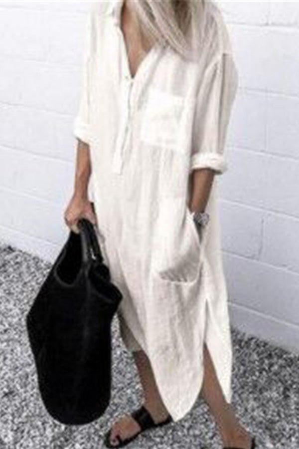 Elegant Solid Color Slit Shirt Dress