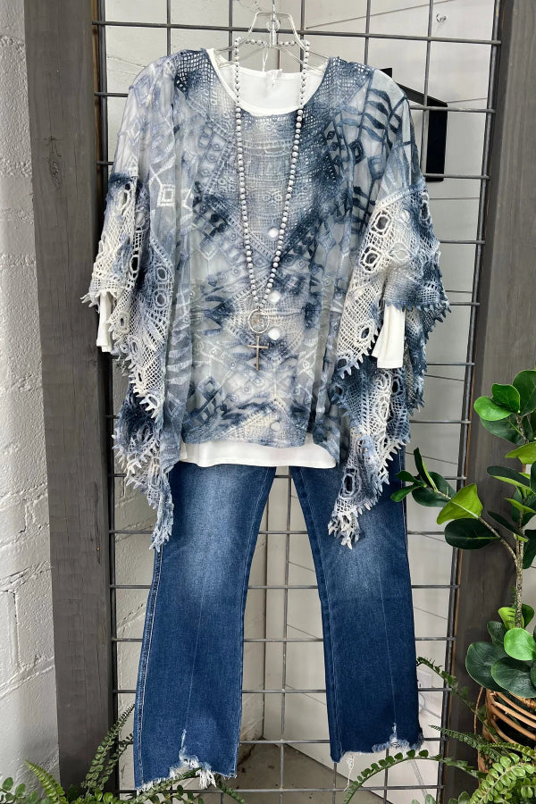 Haut à col rond et manches trois-quarts tie-dye