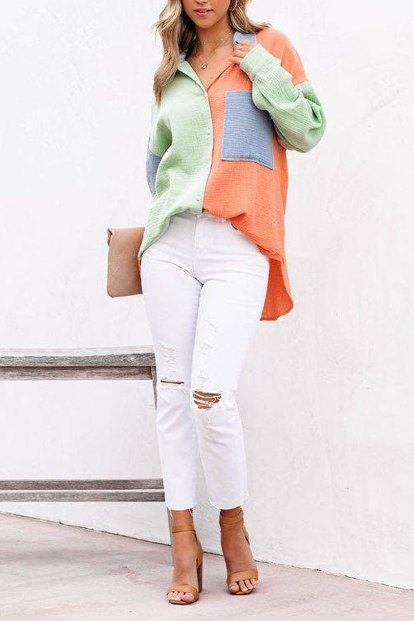 Chemise à manches longues et épaules tombantes à empiècements contrastés