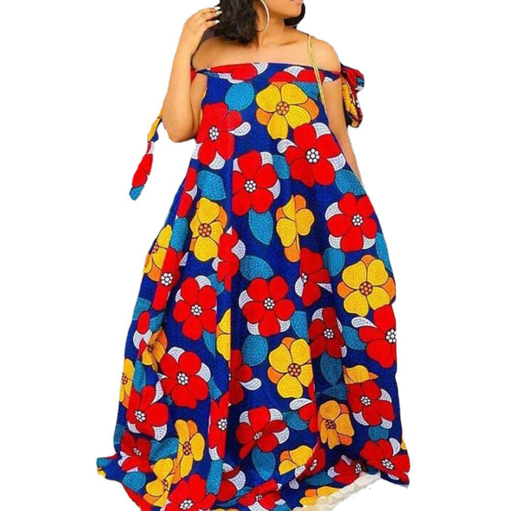 Robe longue sexy à bretelles florales style bohème à épaules dénudées