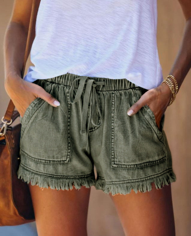 Lässige, dünne Jeansshorts für Damen mit elastischem Kordelzug und hoher Taille