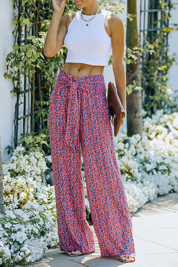 Bedruckte, lockere Hose mit weitem Bein und hoher Taille zum Schnüren
