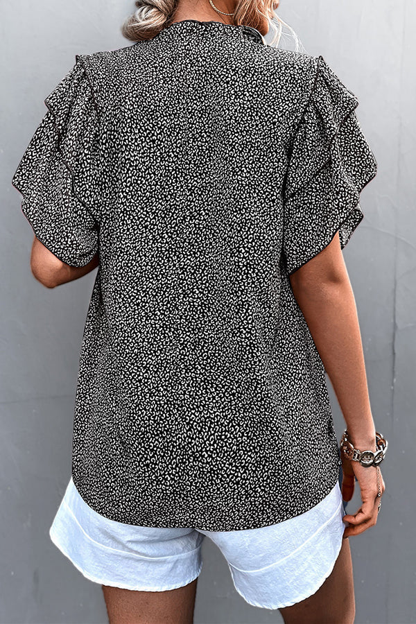 T-shirt décontracté à lacets et col en V pour femme, imprimé léopard