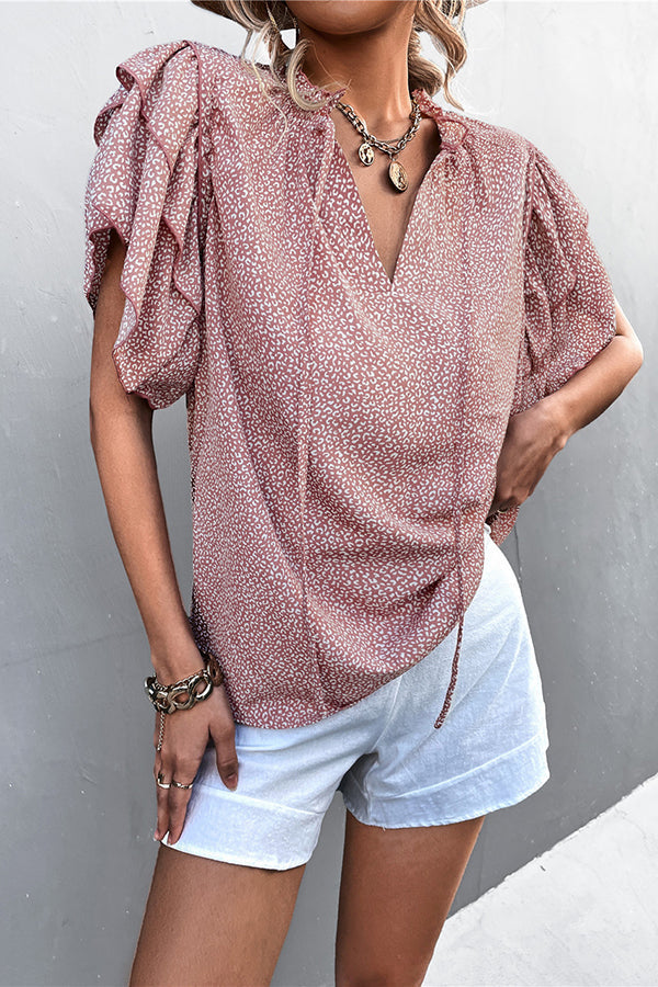 T-shirt décontracté à lacets et col en V pour femme, imprimé léopard