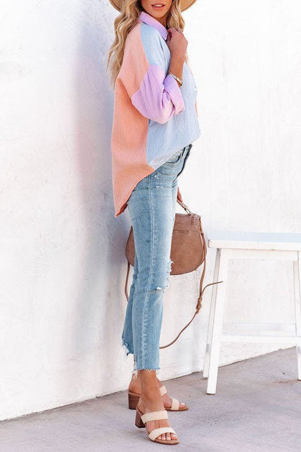 Chemise à manches longues et épaules tombantes à empiècements contrastés