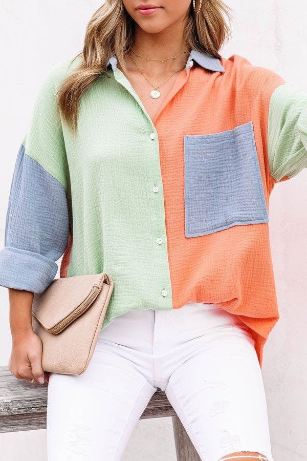 Chemise à manches longues et épaules tombantes à empiècements contrastés