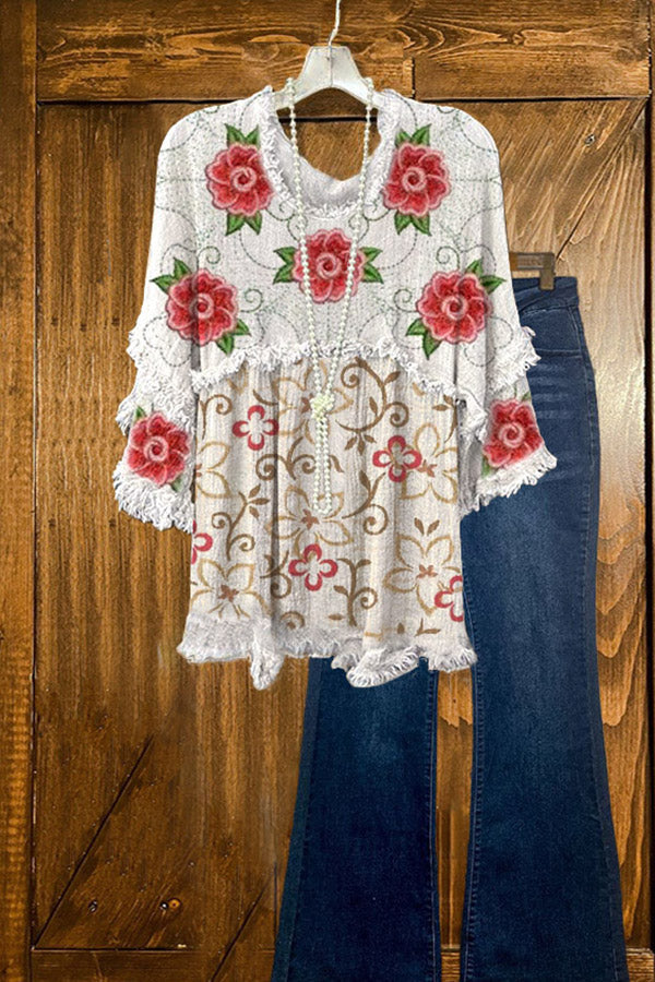 T-shirt à manches trois-quarts effiloché à empiècements tendance