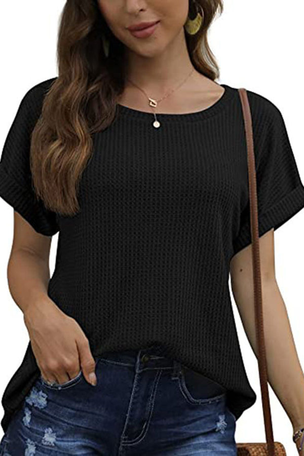 Round Collar Waffle Short Sleeve Hem Loose T-shirt Top
