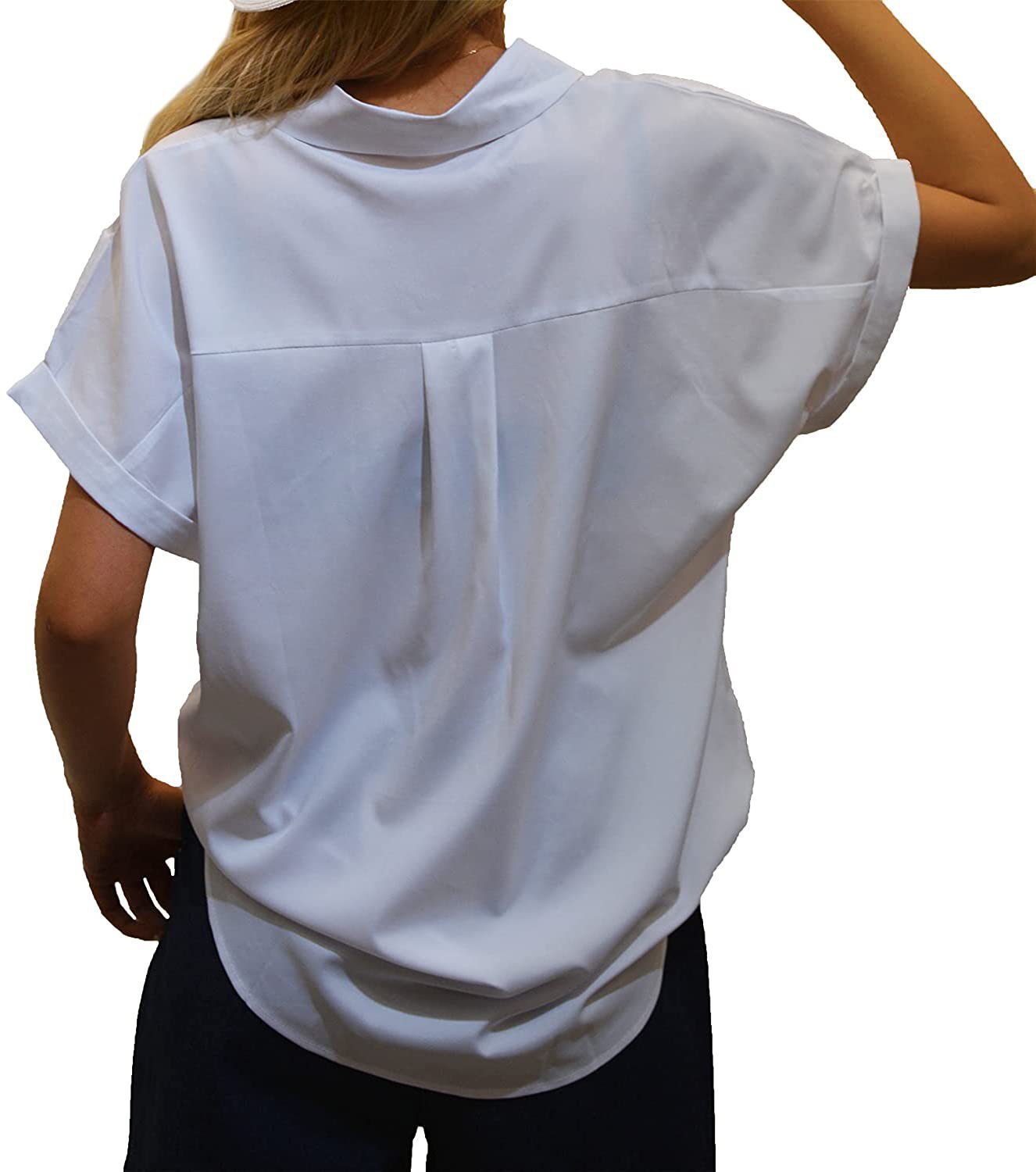 T-shirt à manches courtes et col en V pour femme, chemisier boutonné