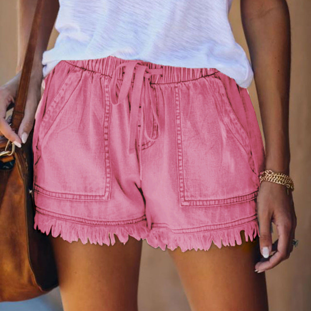 Lässige, dünne Jeansshorts für Damen mit elastischem Kordelzug und hoher Taille