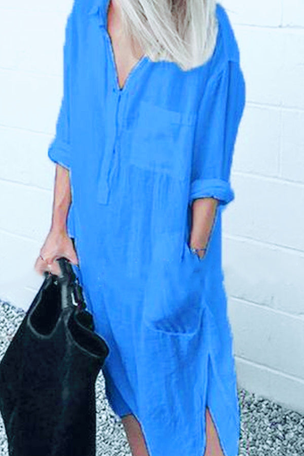 Elegant Solid Color Slit Shirt Dress
