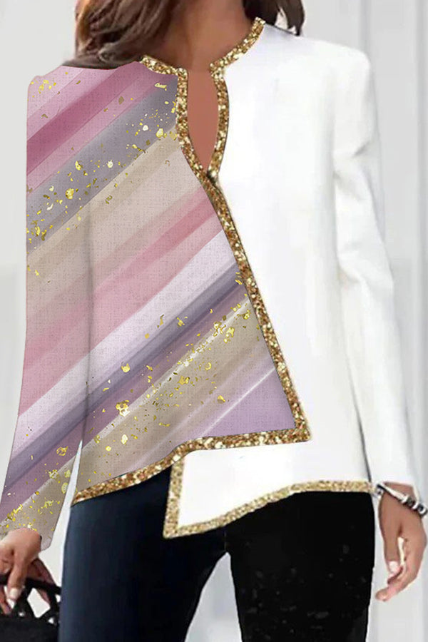 3D digital printing gradient pink shiny women's V-neck asymmetrical hem long-sleeved shirt