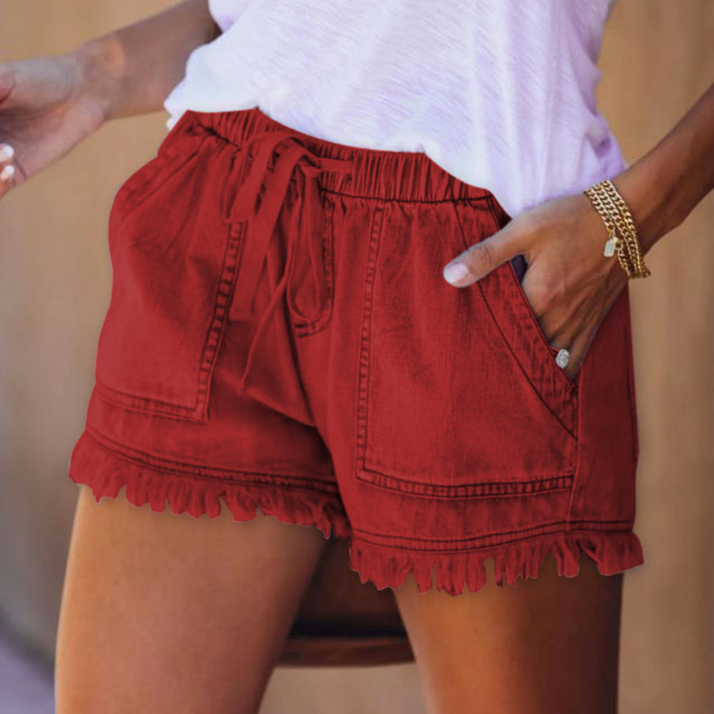 Lässige, dünne Jeansshorts für Damen mit elastischem Kordelzug und hoher Taille