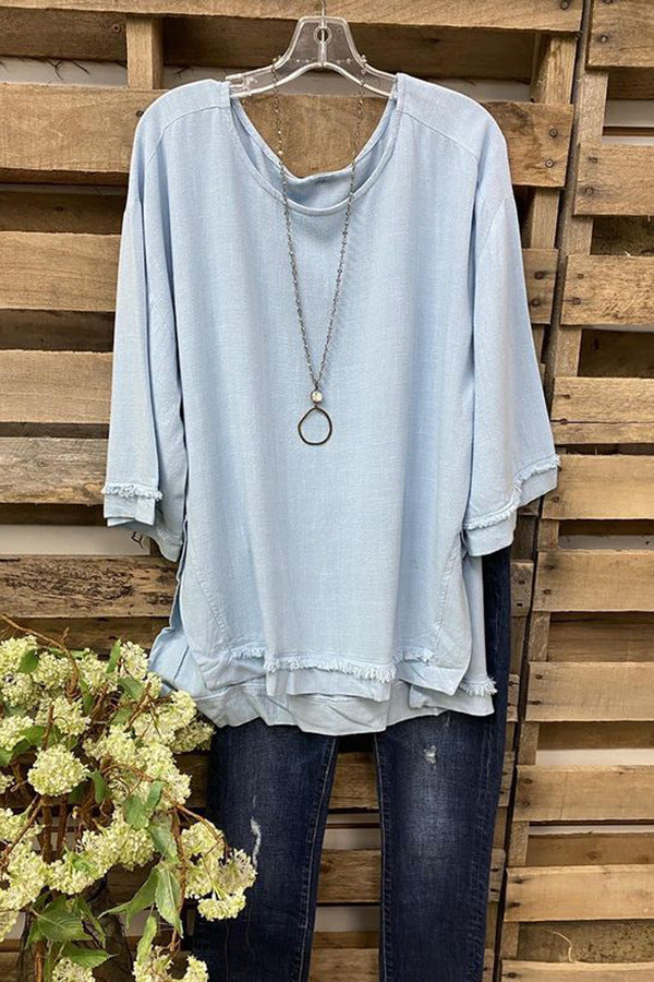 Cotton Linen Pullover with Sense of Design and Rough Edge Washing