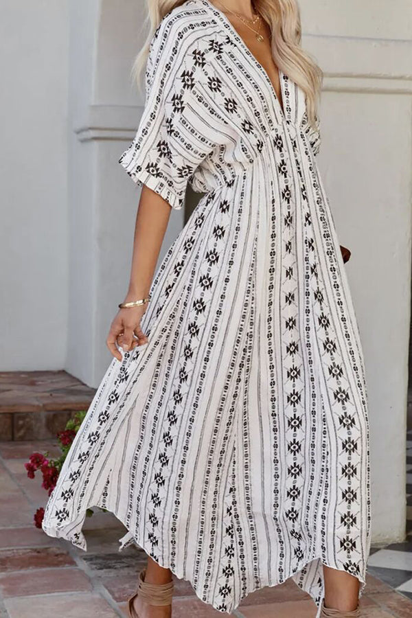 Neu Damen Kleid Bohemian V-ausschnitt Kurzarm Langen Rock